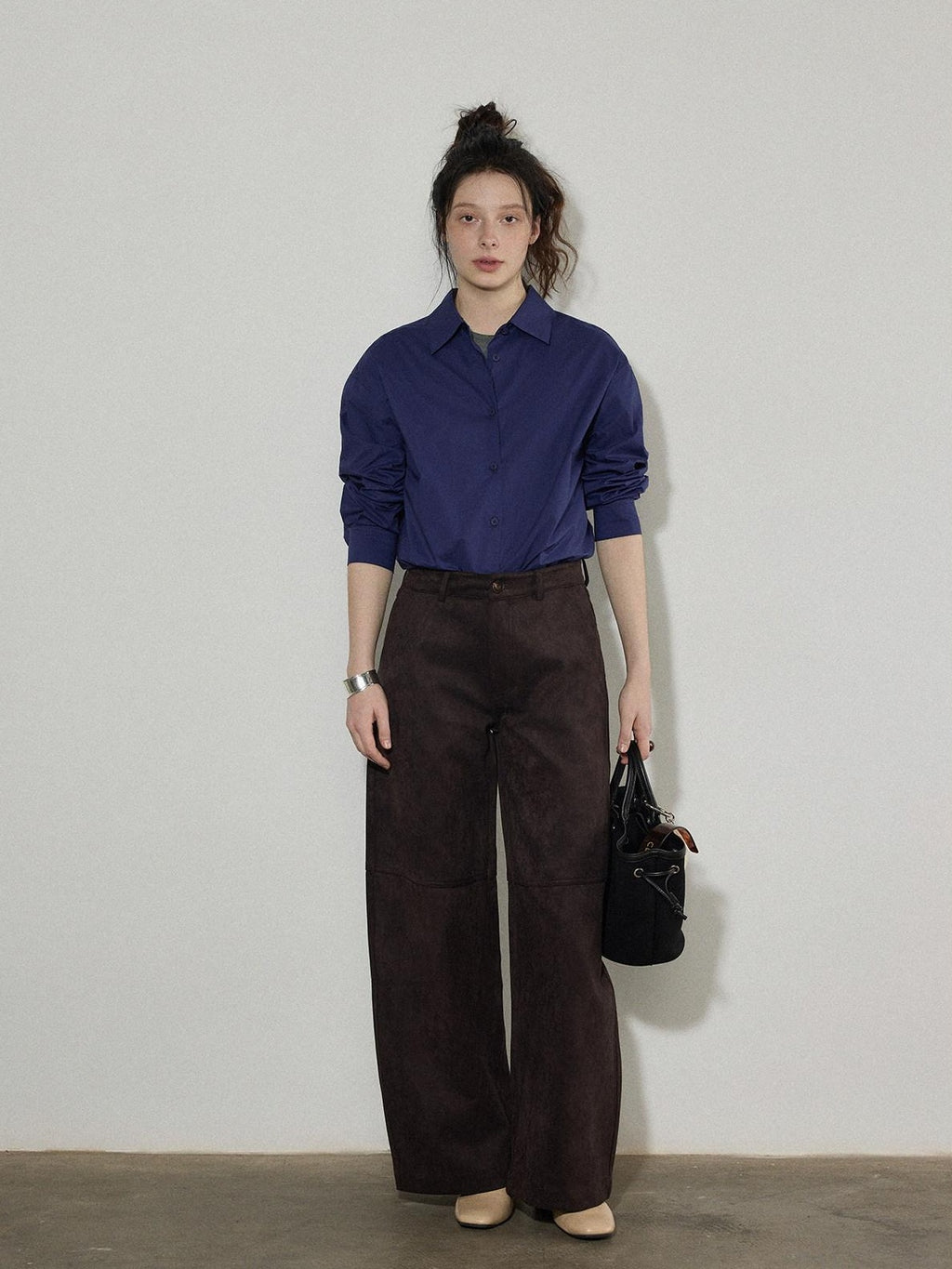 Lofi choose High Waist Stretch Wide Leg Zip Office Casual Women Brown Navy Straight Pants