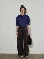 Lofi choose High Waist Stretch Wide Leg Zip Office Casual Women Brown Navy Straight Pants