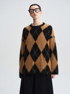 audreyyang Thick Wool Cashmere Vintage Straight Fit Brown Diamond Knit Women Sweaters