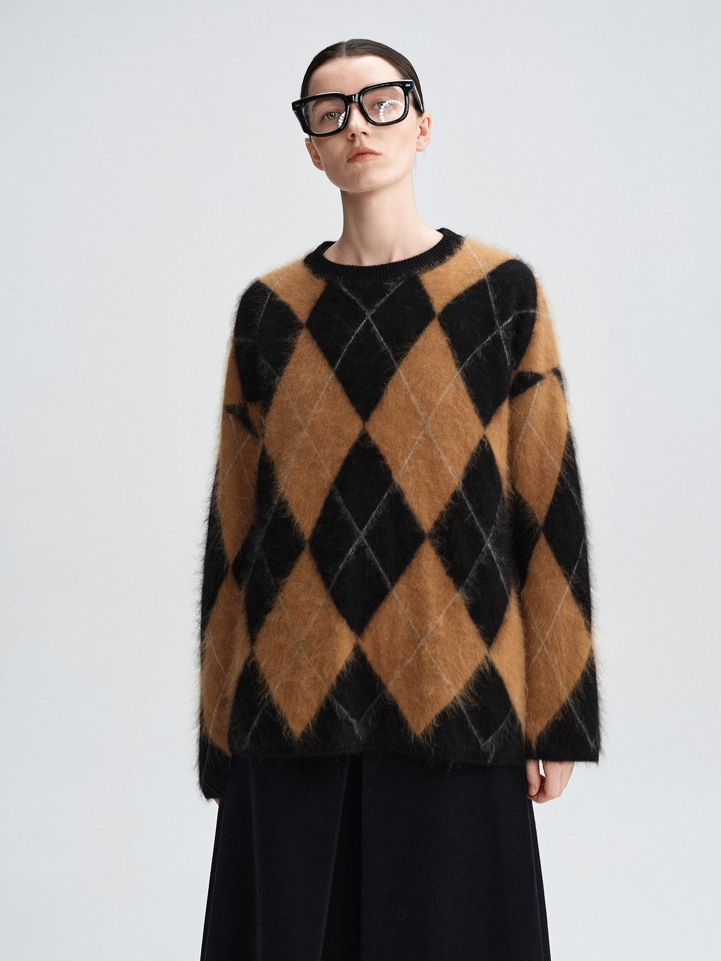 audreyyang Thick Wool Cashmere Vintage Straight Fit Brown Diamond Knit Women Sweaters