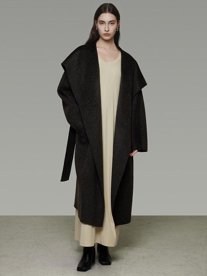 unspoken Pure Sheepswool Long Belted Lapel Loose Tailored Office Coffee Brown Wool Coats