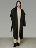 unspoken Pure Sheepswool Long Belted Lapel Loose Tailored Office Coffee Brown Wool Coats