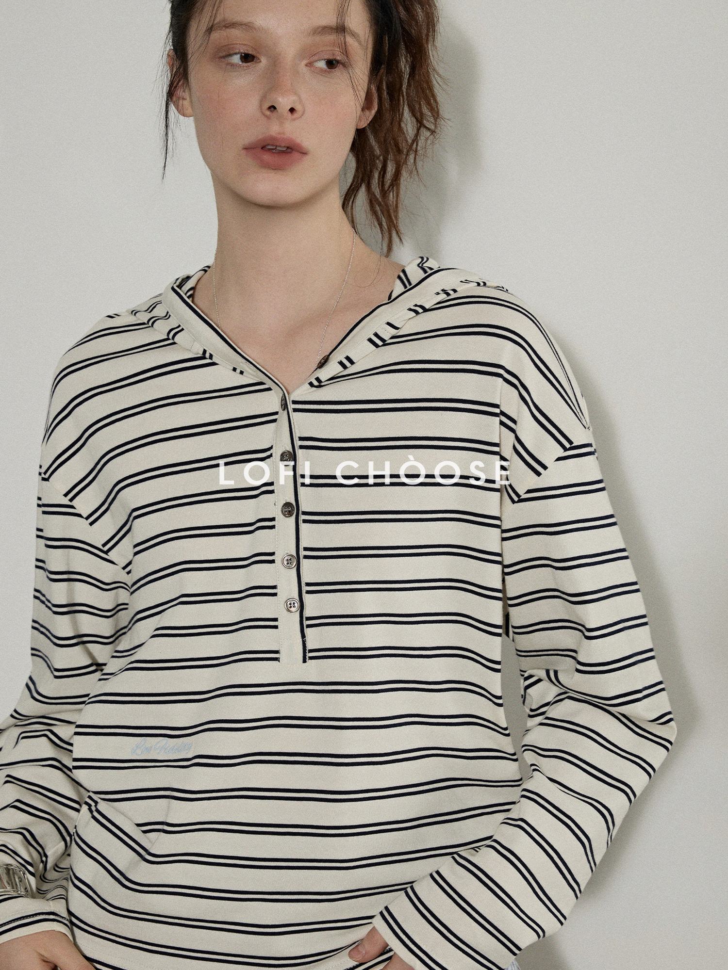 Lofi choose Embroidered Striped Loose Commuter Drop Shoulder For Women Long Sleeve T-Shirts