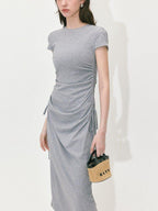 fano Soft Cotton Knit High Waist A Line Button Mock Neck Midi Dresses
