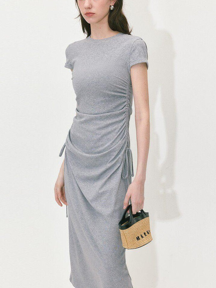 fano Soft Cotton Knit High Waist A Line Button Mock Neck Midi Dresses