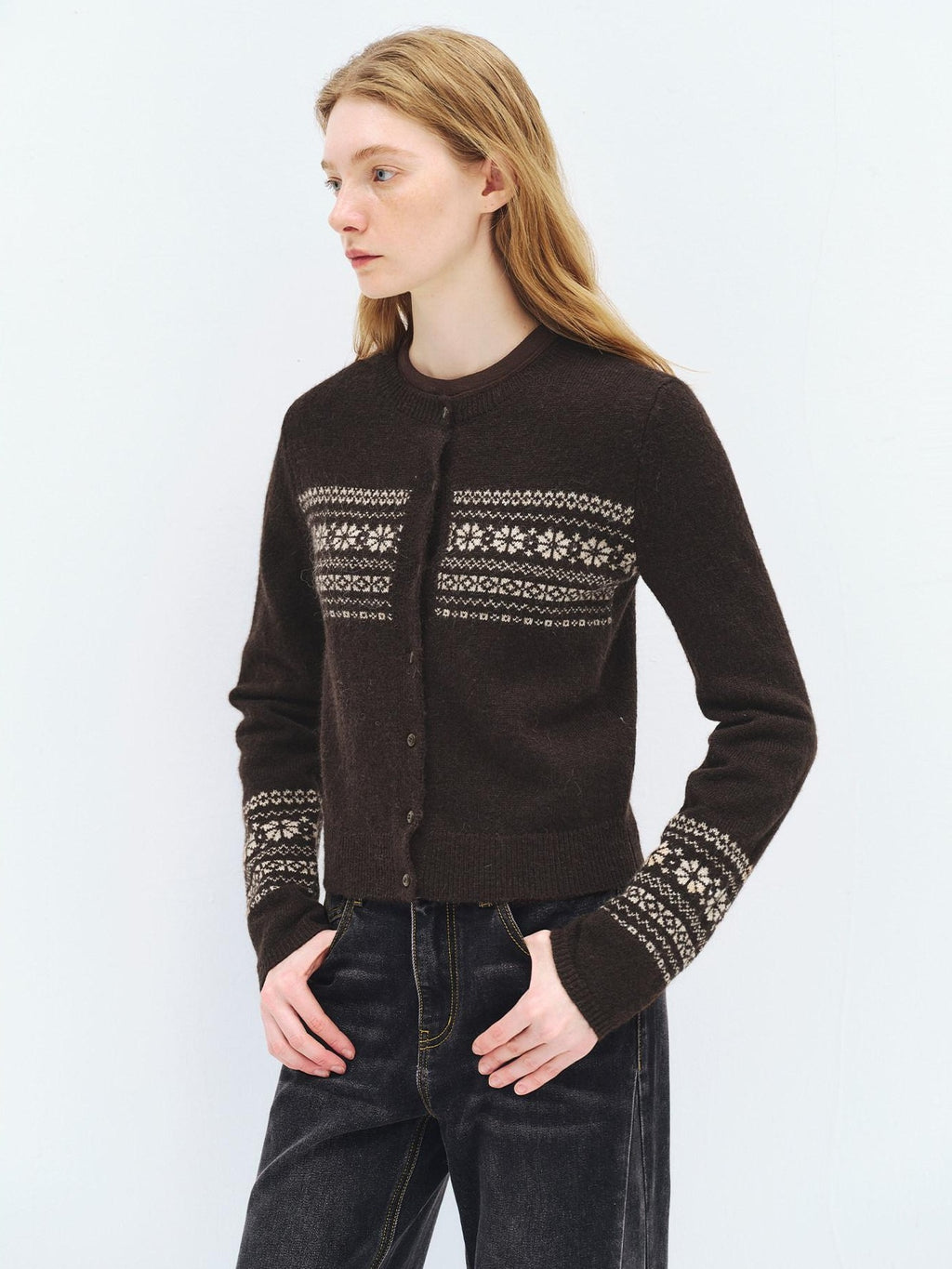 someonesometimes Cozy Wool Alpaca Blend Casual Geometric Button Round Neck Women Cardigans