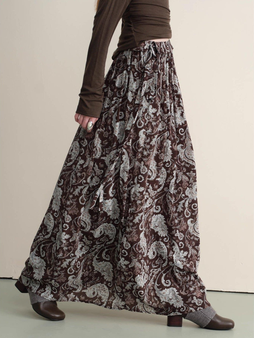 someonesometimes Lace Paisley Tie Mid Waist Relaxed H Line Casual Vacation Ladies Maxi Skirts
