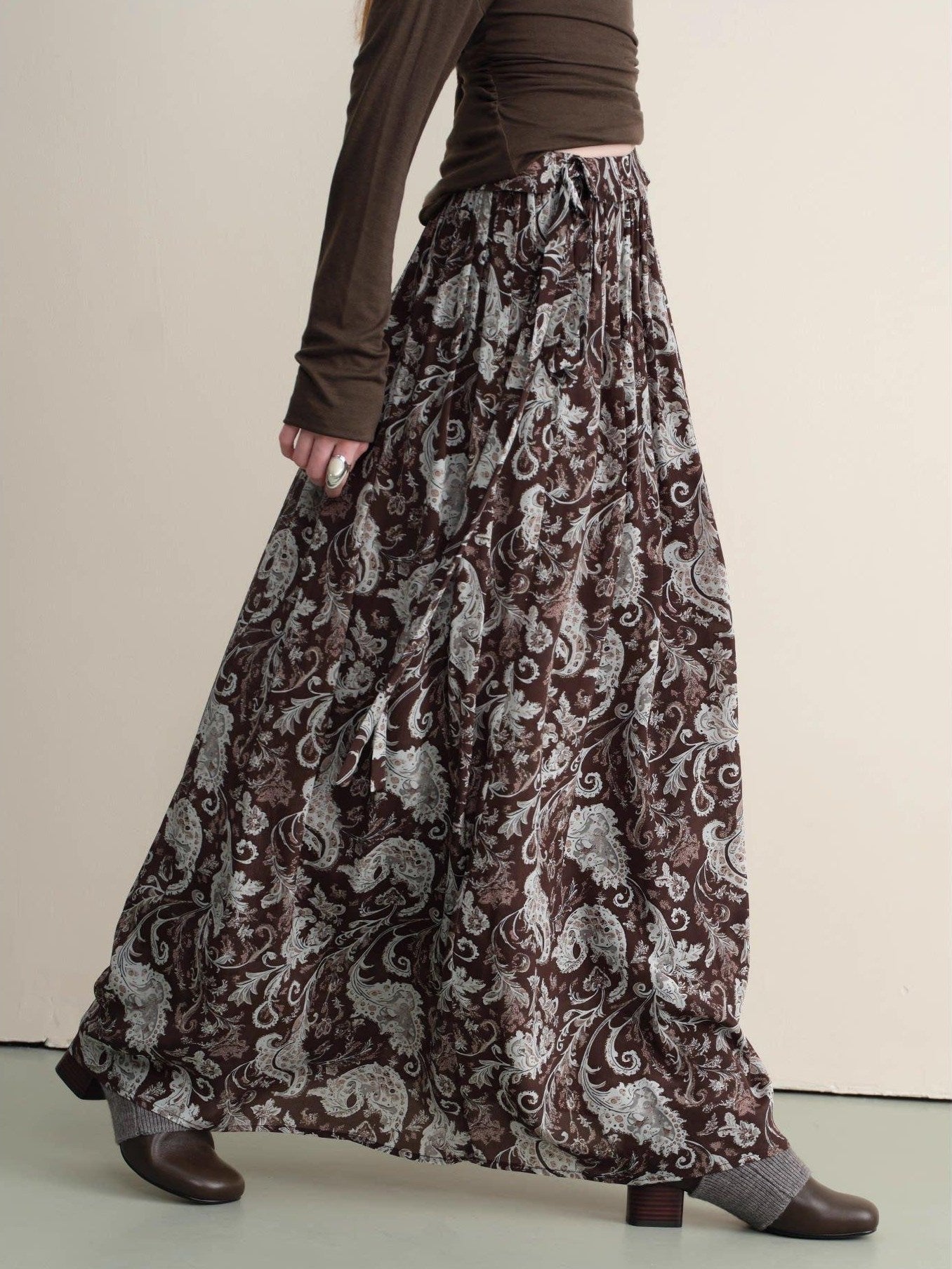 someonesometimes Lace Paisley Tie Mid Waist Relaxed H Line Casual Vacation Ladies Maxi Skirts