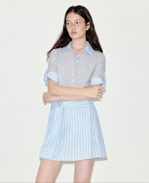 fano High Waist A Line Polo Collar Short Sleeve Cotton Blend Light Blue Midi Dresses