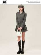 ikyou Tassel Button Slim Fit Square Neck Long Sleeve Work Gray Brown Top & Skirt Sets