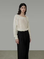 unspoken Soft Knit 3D Embellishment Loose Round Neck Long Sleeve Women White Blouses