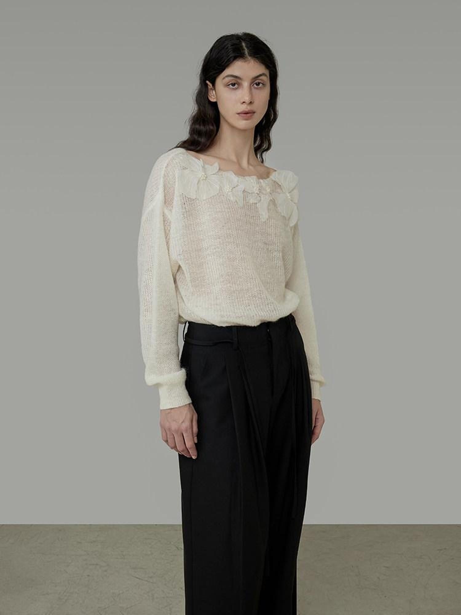 unspoken Soft Knit 3D Embellishment Loose Round Neck Long Sleeve Women White Blouses