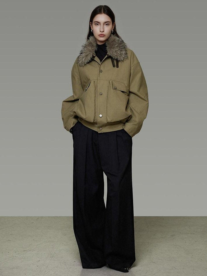 unspoken Thick Fleece Lined Fur Collar Loose Minimal Commuter Women Sage Puffer Jackets