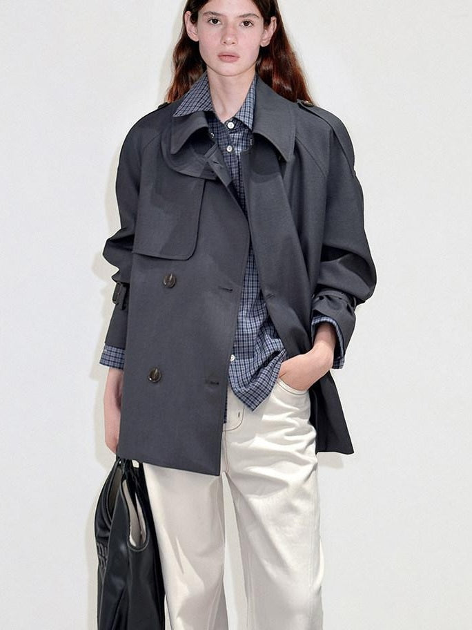 fano Double Breasted Button Front Minimal Commuter Straight Women Khaki Short Coat