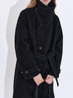 fano Premium Wool Blend Long Notch Collar Relaxed Black Korean Women Wool Coats