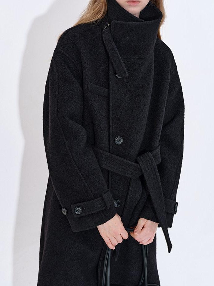 fano Premium Wool Blend Long Notch Collar Relaxed Black Korean Women Wool Coats