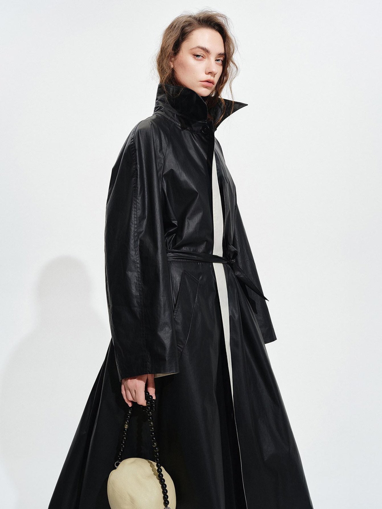 audreyyang Detachable Belt Pure Cotton Loose Long Single Breasted Women Black Trench Coats
