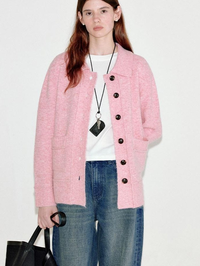 fano Thermal Warm Soft Knit Single Button Relaxed Fit Office Pink Cardigans