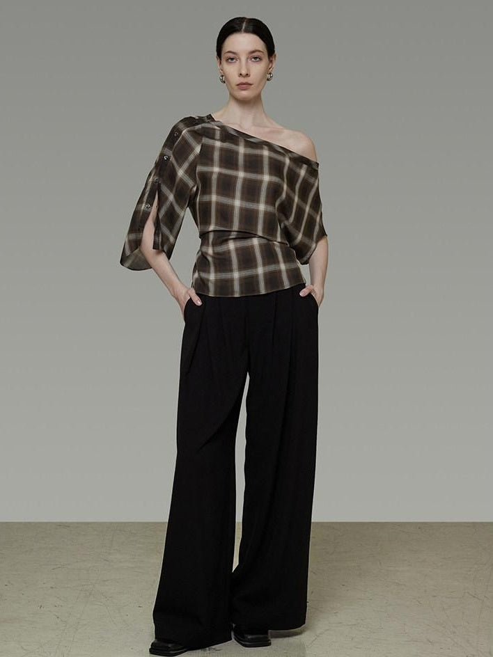 unspoken Breathable Viscose Slim Asymmetric Slant Neck Green Plaid Off Shoulder Crop Tops