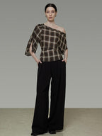 unspoken Breathable Viscose Slim Asymmetric Slant Neck Green Plaid Off Shoulder Crop Tops
