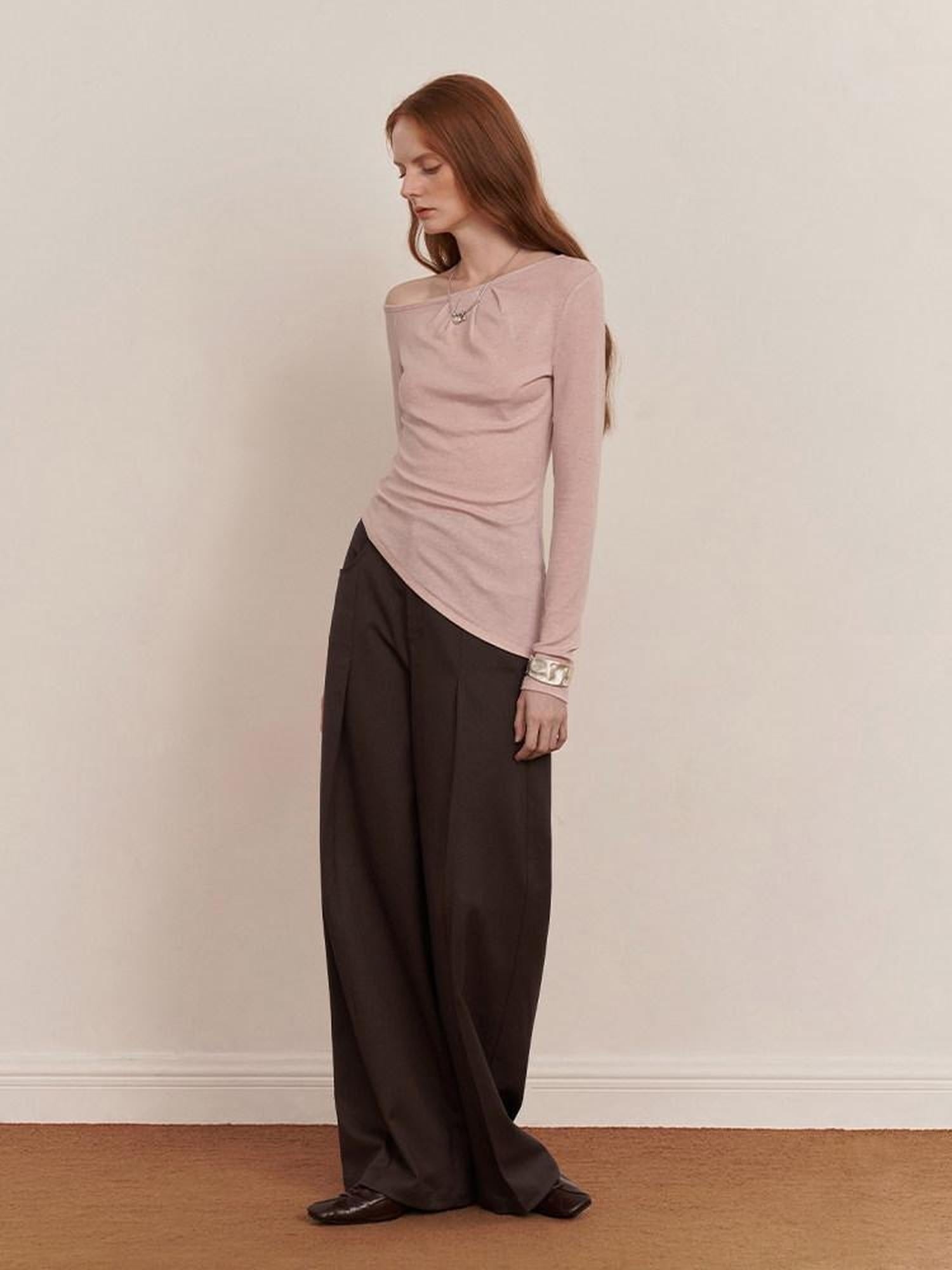 someone sometimes Lyocell Wool Blend Lightweight Asymmetric Neck Slim Casual Long Sleeve T-Shirts