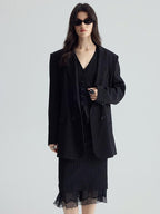 audreyyang Original Design Relaxed Fit Double Breasted Women Black Polyester Blazers