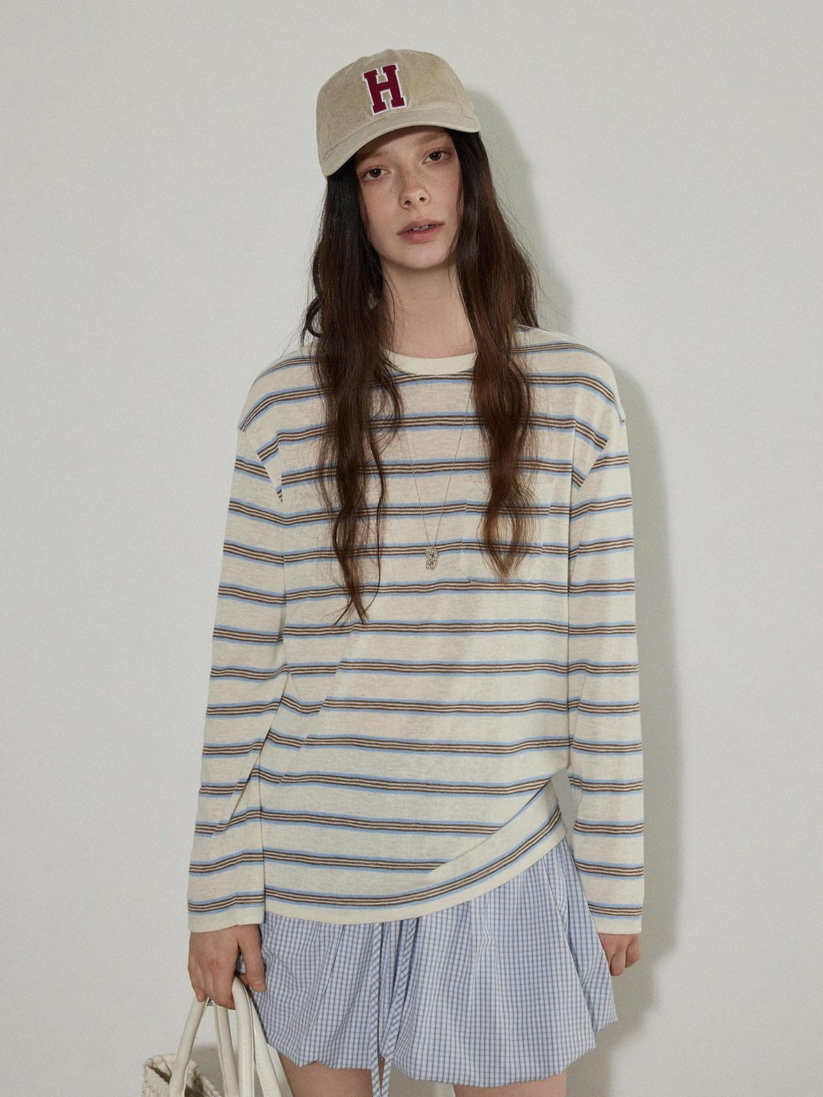 Lofi choose Polyester Blend Colorblock Blue Stripe Relaxed Crew Neck Long Sleeve T-Shirts