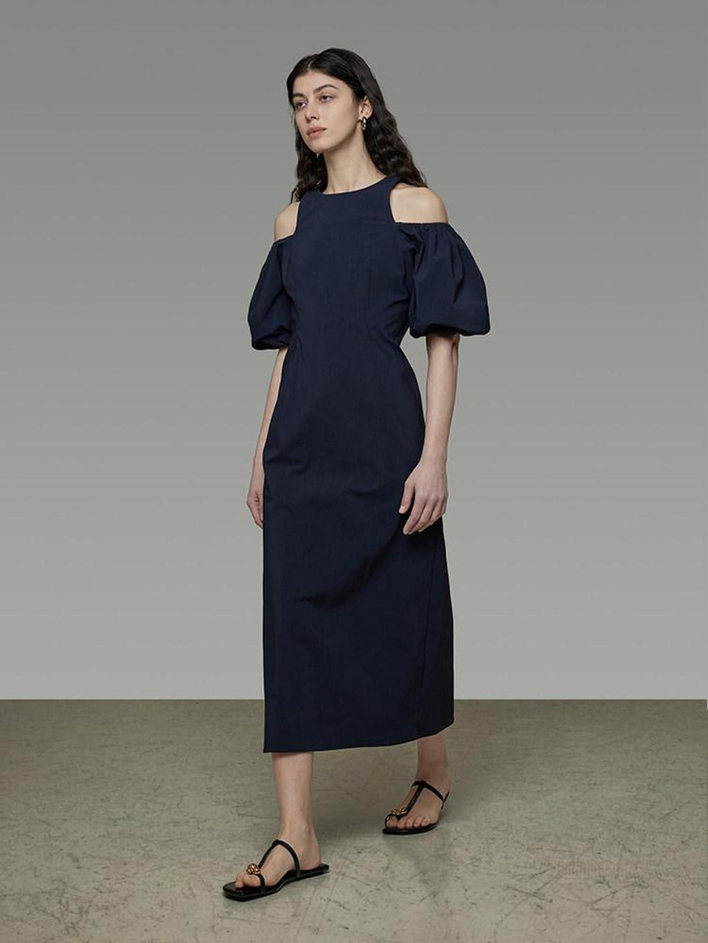 unspoken Slimming Waist A Line Irregular Hem Puff Sleeve City Navy Maxi Dresses