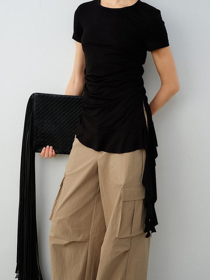 audreyyang Modal Cotton Ruched Commuter Slim Round Neck Womens Black Short Sleeve T-Shirts