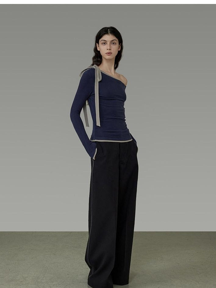 unspoken Tie Detail Slim Knit Pullover Asymmetrical Collar Office Viscose Blouses