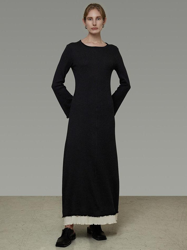 unspoken Slim Waist Colorblock Aline Knit Bell Sleeve Office Women Breathable Maxi Dresses