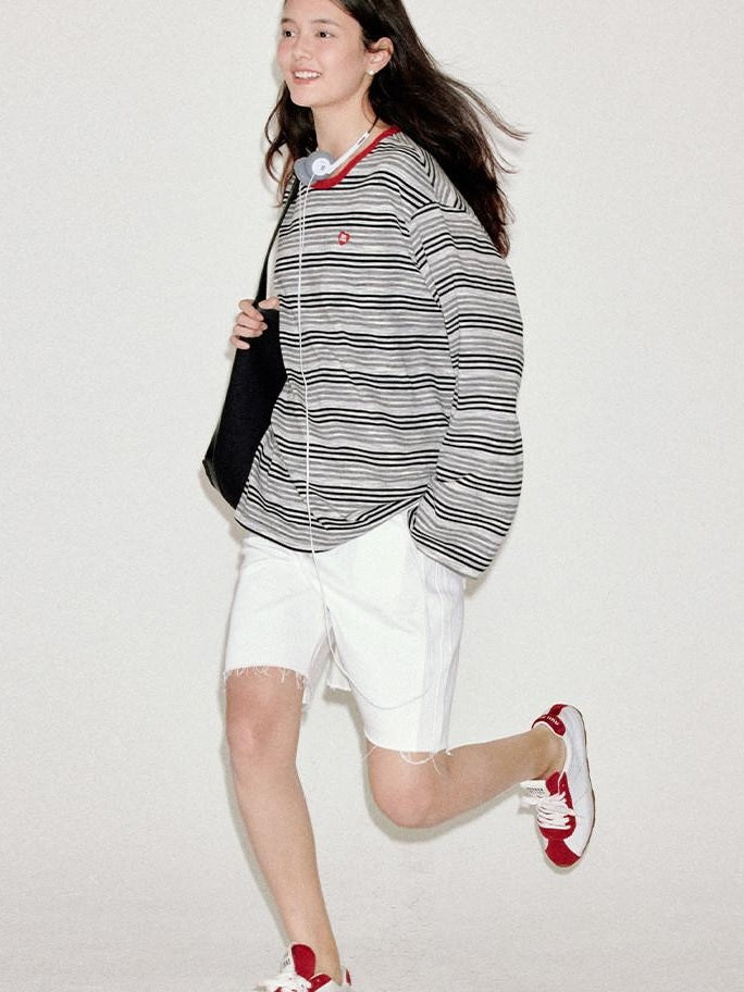 fano Moisture Wicking Casual Loose Patchwork Stripe Black Womens Long Sleeve T-Shirts