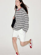 fano Moisture Wicking Casual Loose Patchwork Stripe Black Womens Long Sleeve T-Shirts