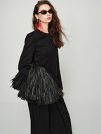audreyyang Elegant Slim Waist Poly Blend Round Neck Midlength Pullover Black Long Coats