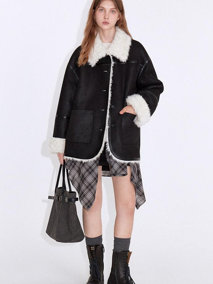 fano Contrast Color Trim Casual Loose Fit Lapel Collar Women Daily Black Short Coat