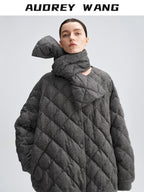 audreyyang 90 Percent Duck Down Warm Mid Length Diamond Quilt Wool Loose Women Down Jackets