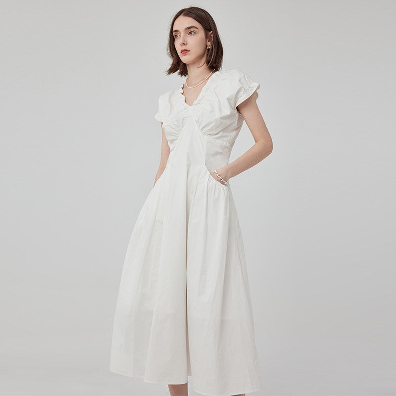 fano_Pleated_High_Waist_A_Line_V-neck_Flutter_Sleeves_100%_Cotton_Casual_Maxi_Dresses_MISSTT