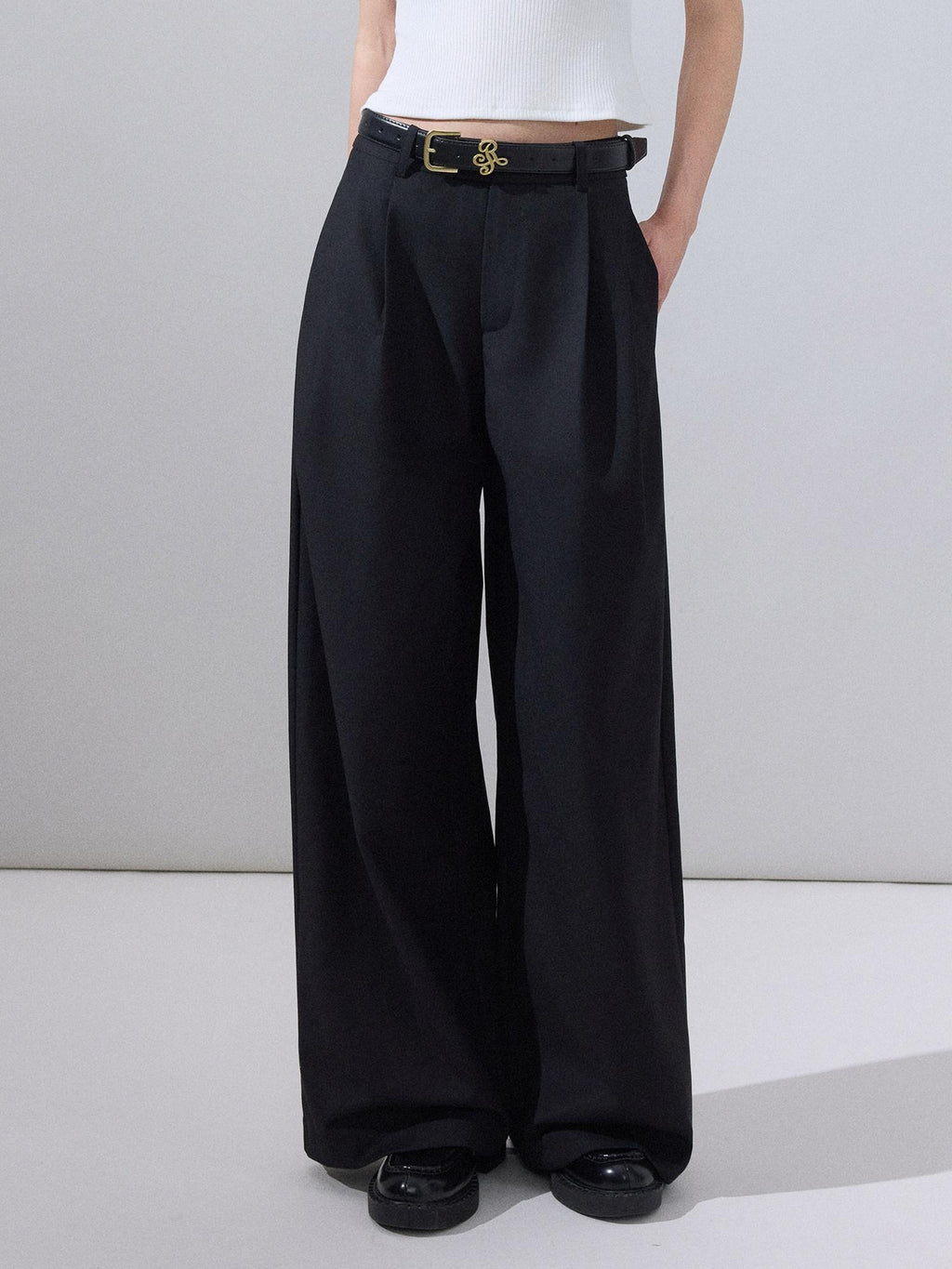 ikyou High Waist Straight Zipper Cotton Blend Commuter Black Wide Leg Pants
