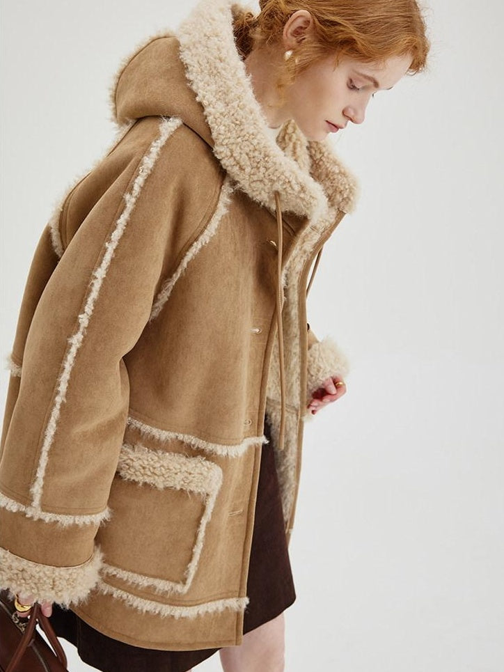 fano Warm Wool Blend Hooded Loose Patchwork Womens Commuter Long Coats