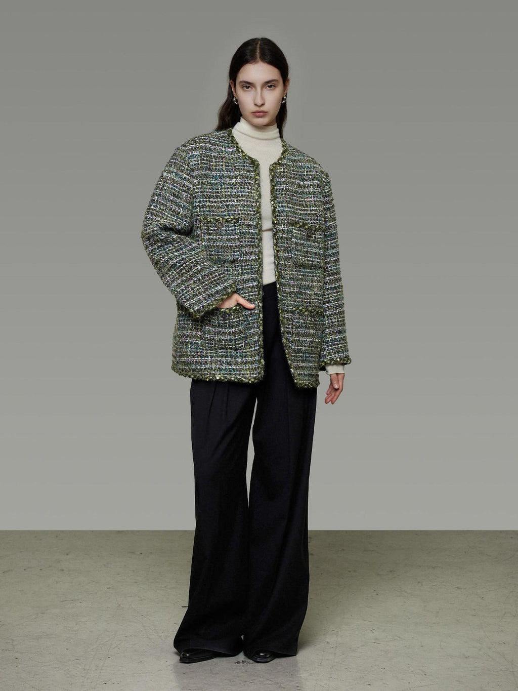 unspoken Lambswool Blend Structured Commuter Round Neck Relaxed Green Wool Coats