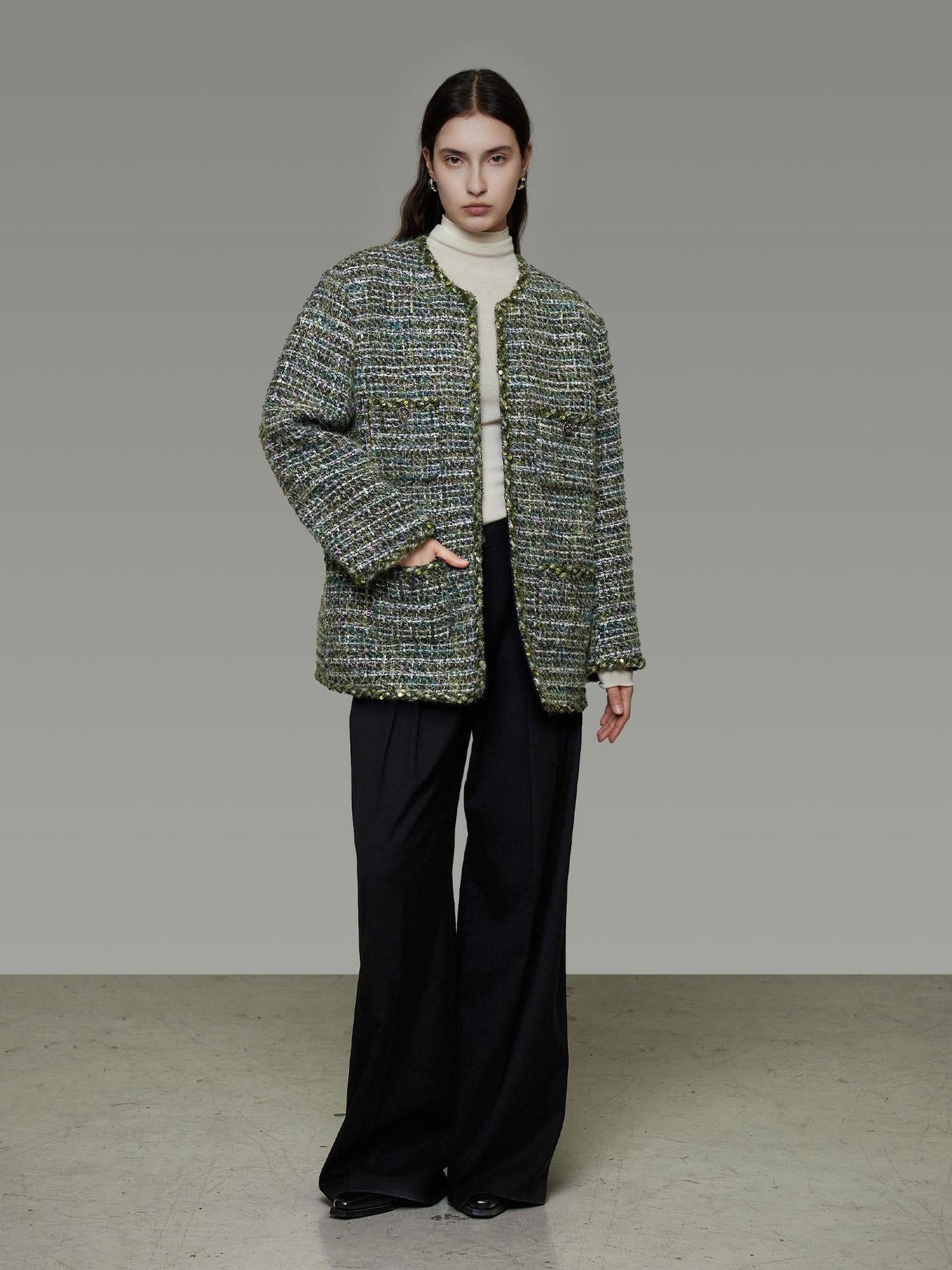 unspoken Lambswool Blend Structured Commuter Round Neck Relaxed Green Wool Coats