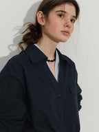 Lofi choose Soft Pure Cotton Colorblock Loose V-neck Button Long Sleeve Womens Navy Shirts
