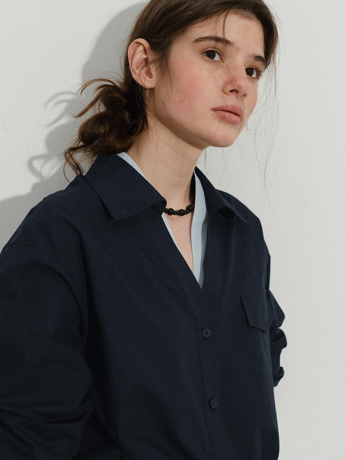 Lofi choose Soft Pure Cotton Colorblock Loose V-neck Button Long Sleeve Womens Navy Shirts