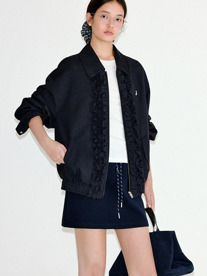 fano Vintage Black Grey Plaid Ruffle Loose Fit Viscose Zipper Women Bomber Jackets