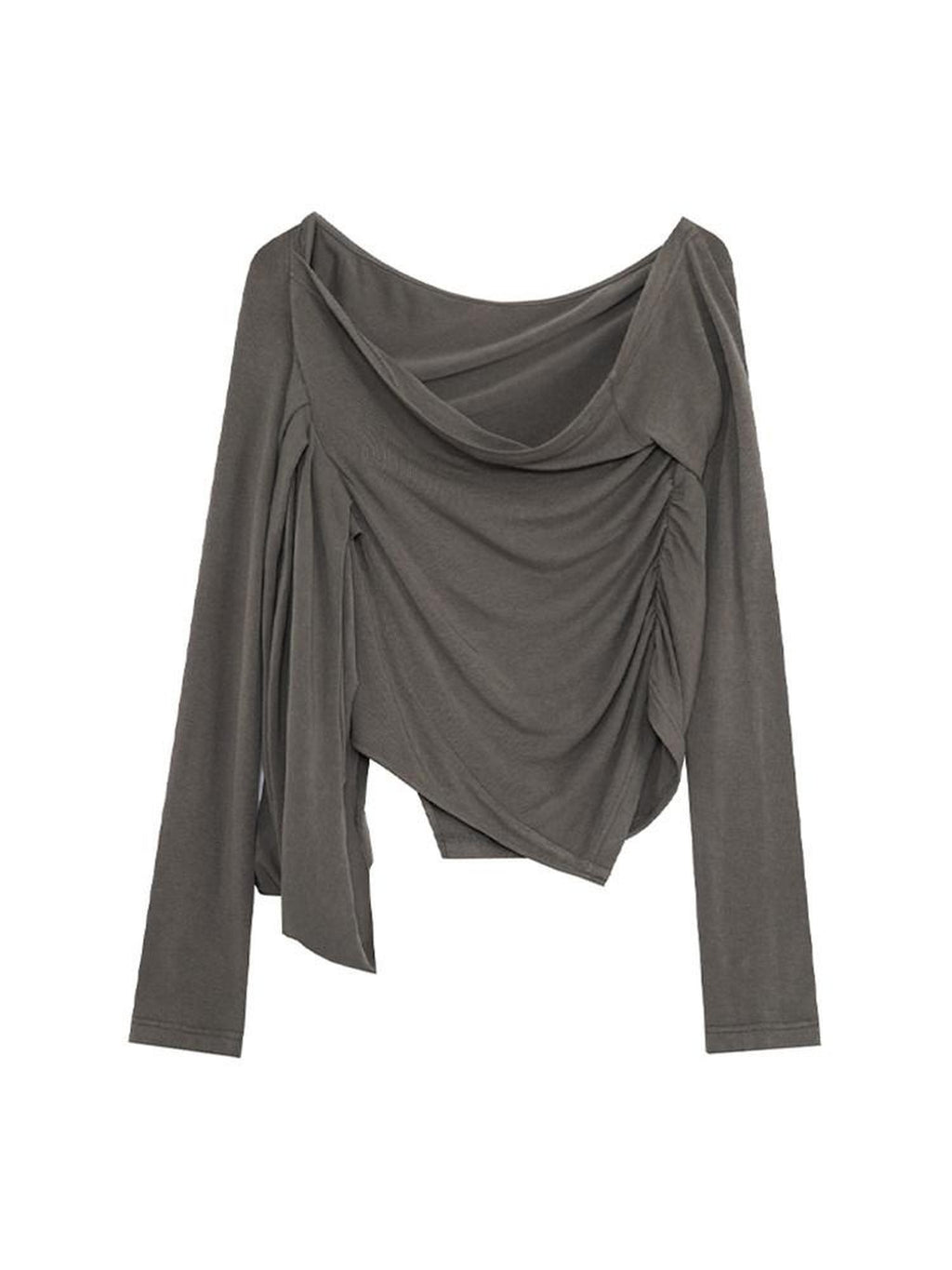 unspoken Slim Ruched Office Knit Long Sleeve Women Sage Green Off Shoulder Crop Tops