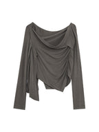 unspoken Slim Ruched Office Knit Long Sleeve Women Sage Green Off Shoulder Crop Tops