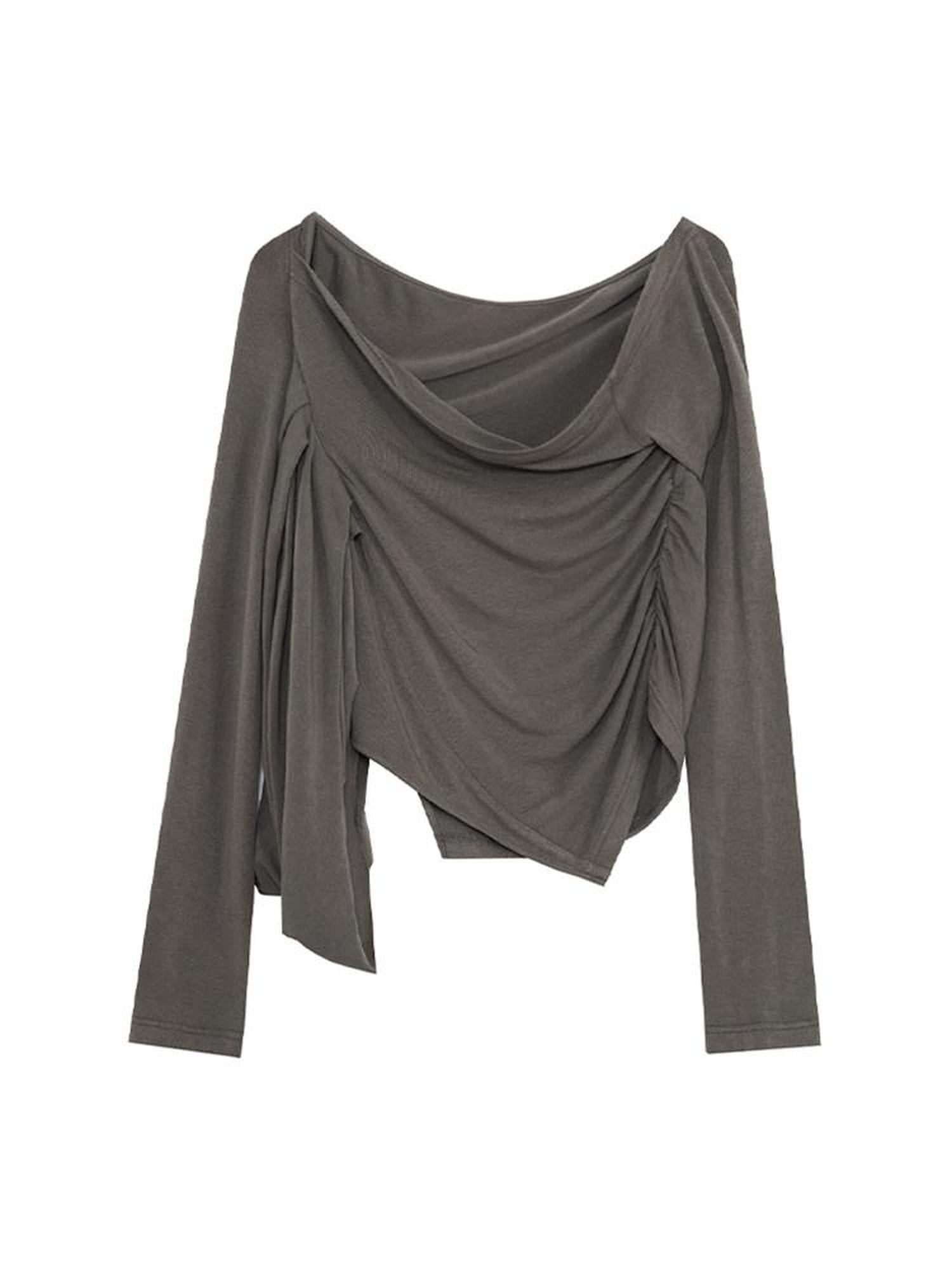unspoken Slim Ruched Office Knit Long Sleeve Women Sage Green Off Shoulder Crop Tops