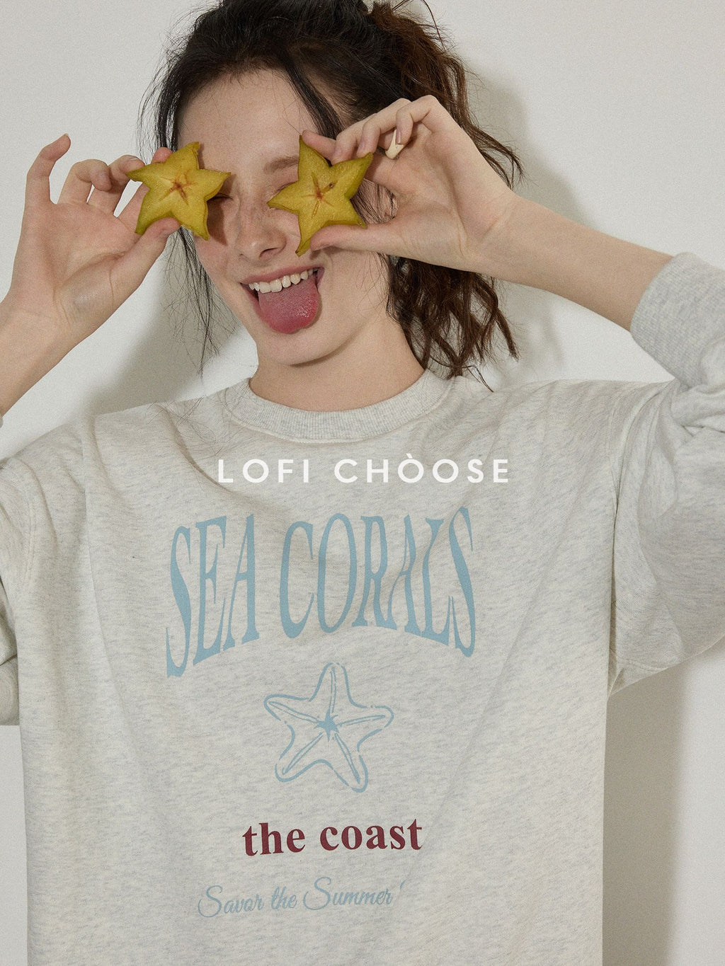 Lofi choose Cotton Blend Relaxed Crewneck Women Office Letter Print Blue Grey Sweatshirt
