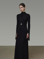 unspoken Soft Breathable Viscose Knit High Waist Aline Slim Black Maxi Dresses