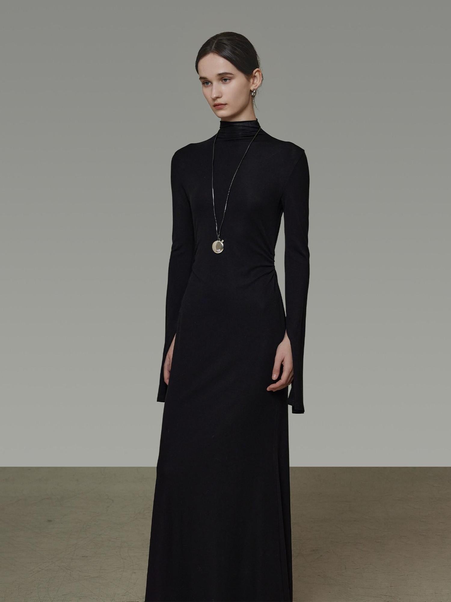 unspoken Soft Breathable Viscose Knit High Waist Aline Slim Black Maxi Dresses